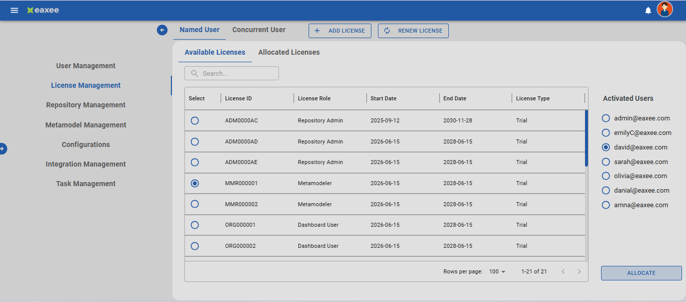 User and license management interface