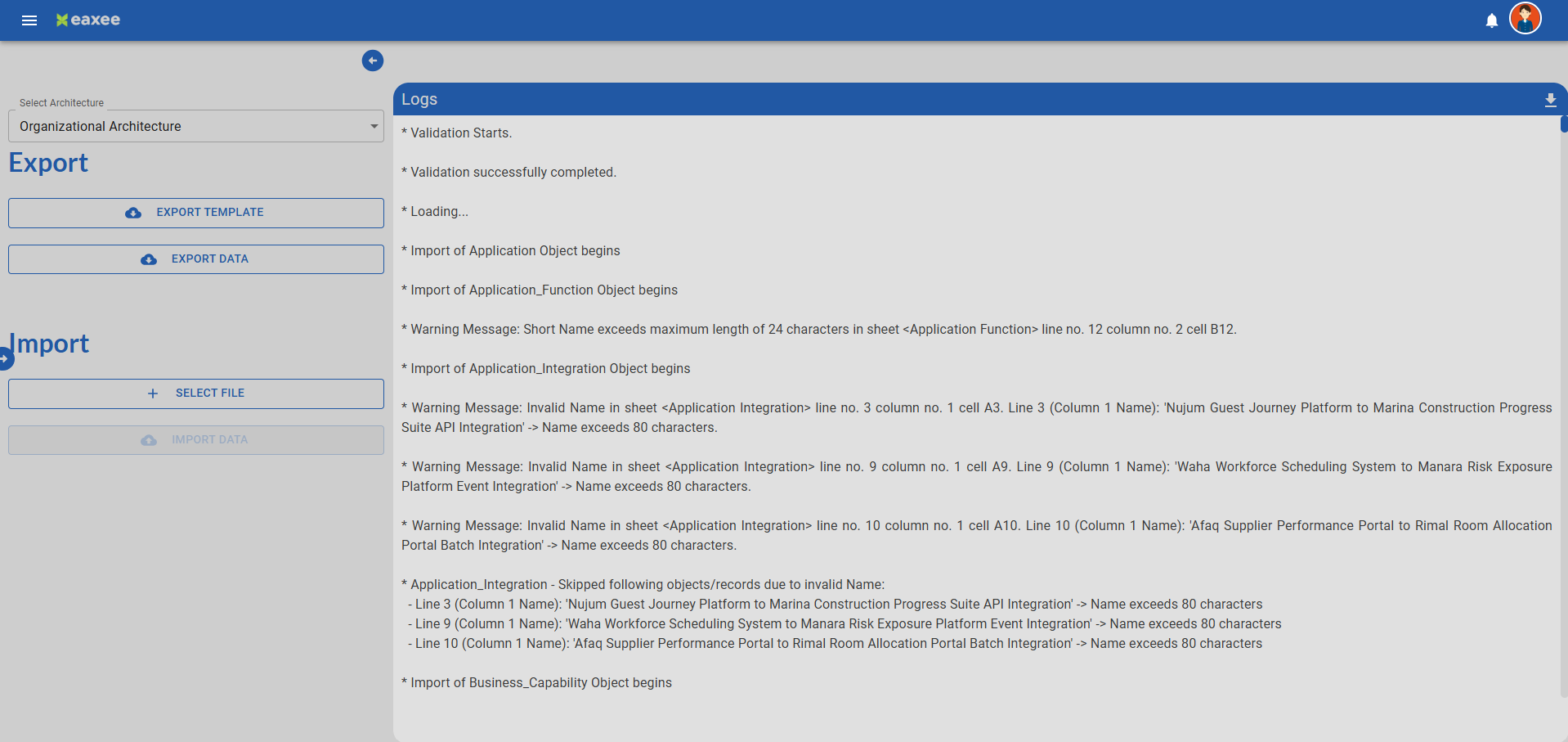 Eaxee Impex bulk import interface